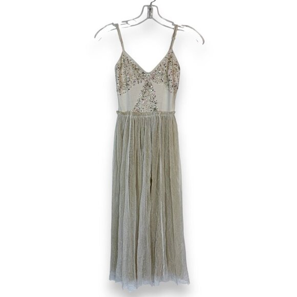 Free People Midi Dress Sequins Fairy Princess Sheer Glitter Gold Fairycore XS - Picture 1 of 10